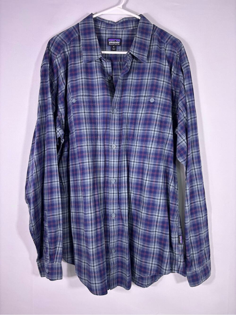 Patagonia Organic Cotton Plaid Button Down Shirt Blue Purple XL
